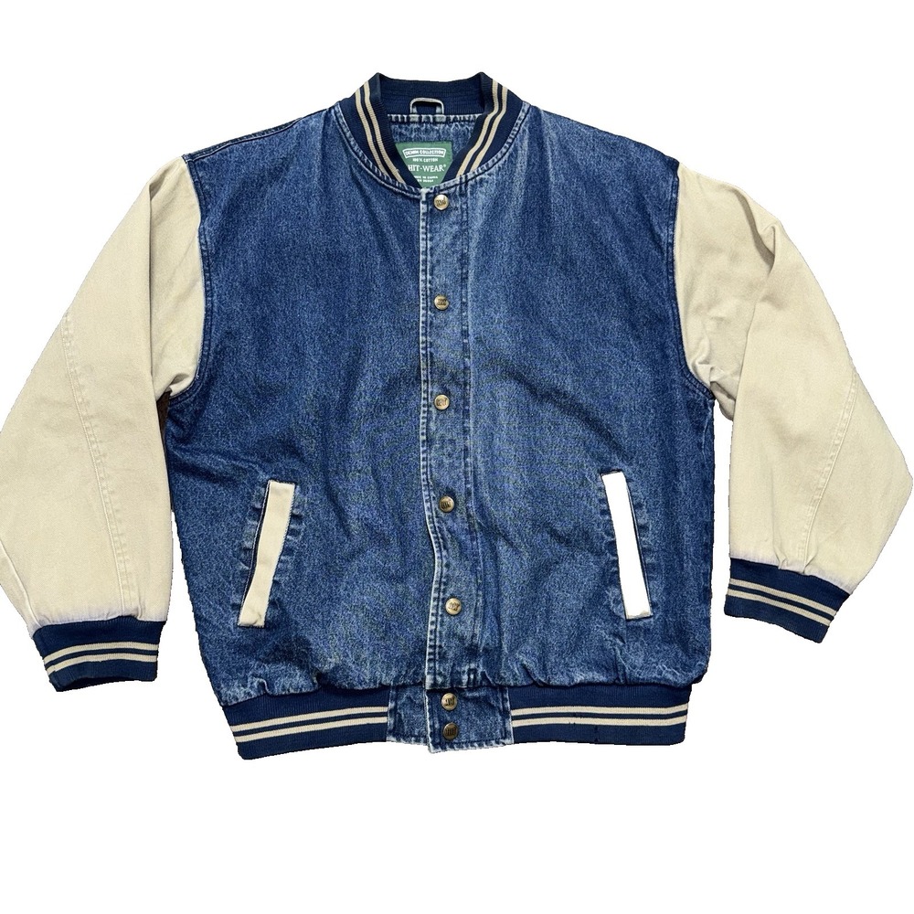 Vintage Men's Denim Canvas Varsity Snap Button Jacket Size Large ABC Network